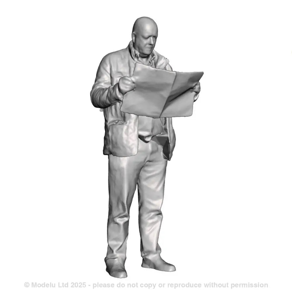 A male figure reading a newspaper
