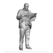 A male figure reading a newspaper