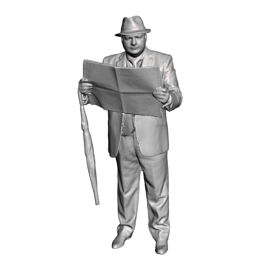 A male figure reading a newspaper