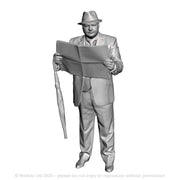 A male figure reading a newspaper