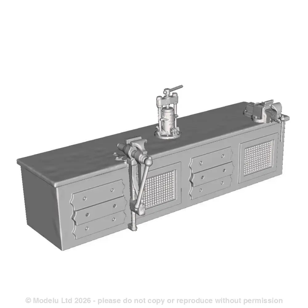 A fitters bench with leg vice, bench vice and packing press