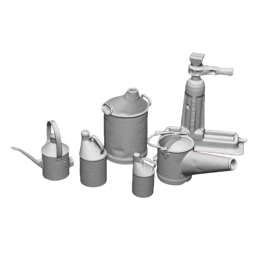 A pack of loco shed details including large oil feed can, loco oil cans, loco oil feeder, slide jack and sandbox filler