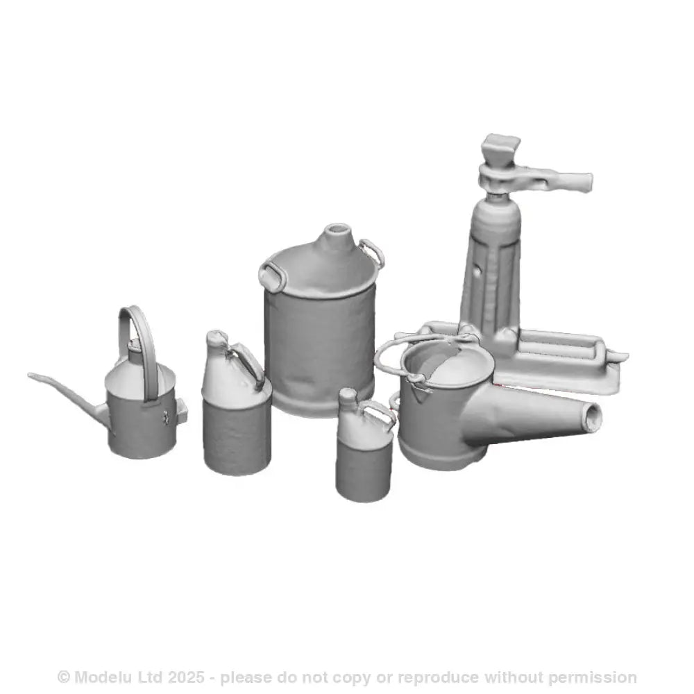 A pack of loco shed details including large oil feed can, loco oil cans, loco oil feeder, slide jack and sandbox filler