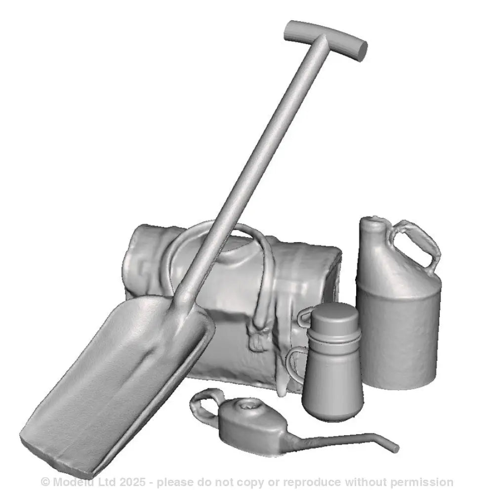 A loco crew detail pack including firing shovel, loco oil can, oil feeder, billy can and a drivers bag