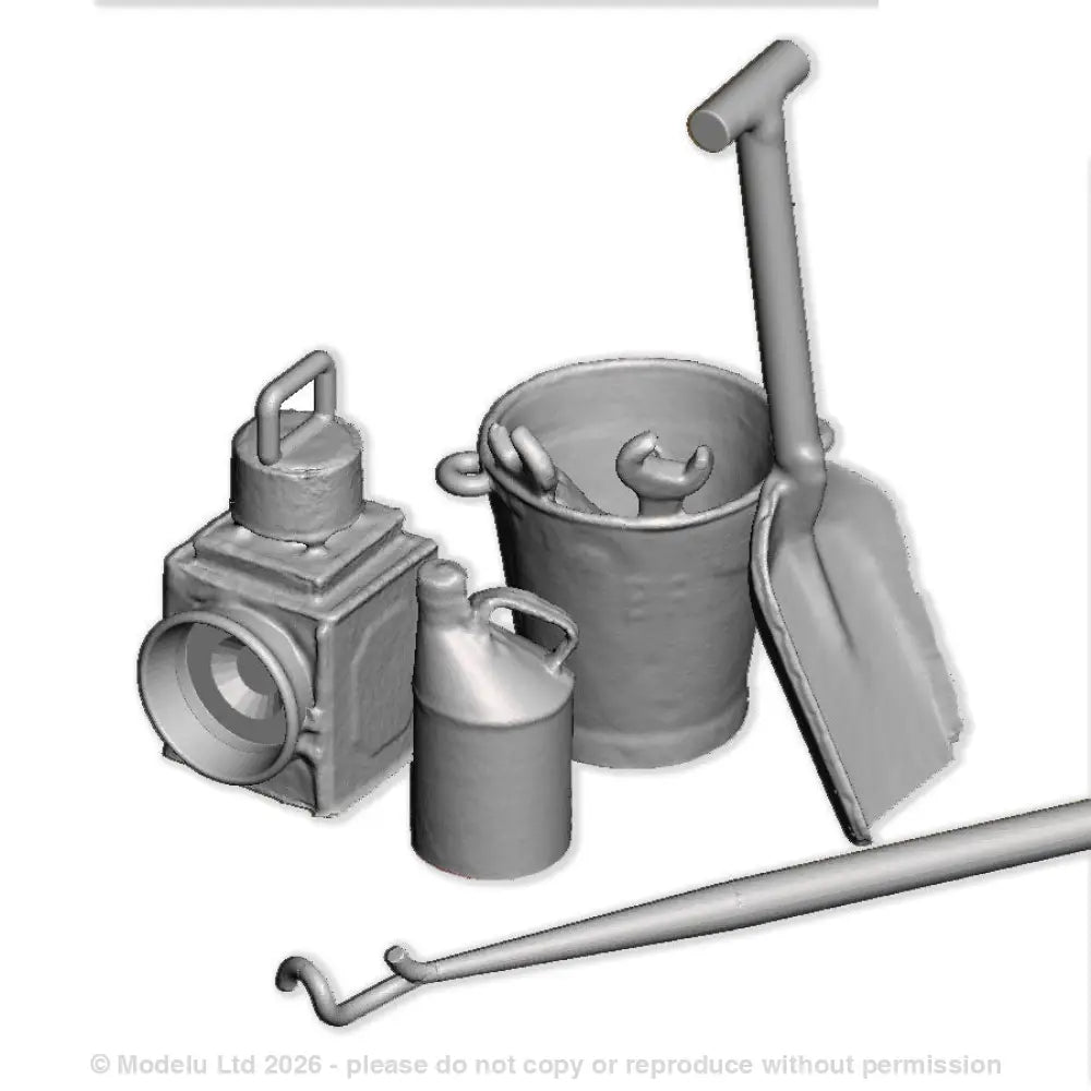 An industrial loco detailing pack including firing shovel, loco lamp, shunters pole, tool bucket and oil cans