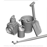 An industrial loco detailing pack including firing shovel, loco lamp, shunters pole, tool bucket and oil cans