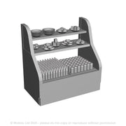 A set of deli shelving with cakes