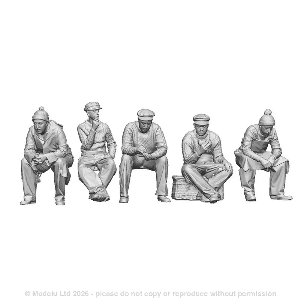A pack of 5 seated fishing boat crew