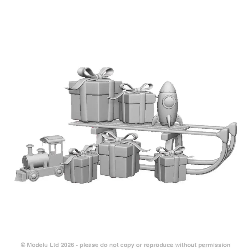 A set of Cristmas presents including a sleigh, toy steam engine, toy rocket and wrapped presents