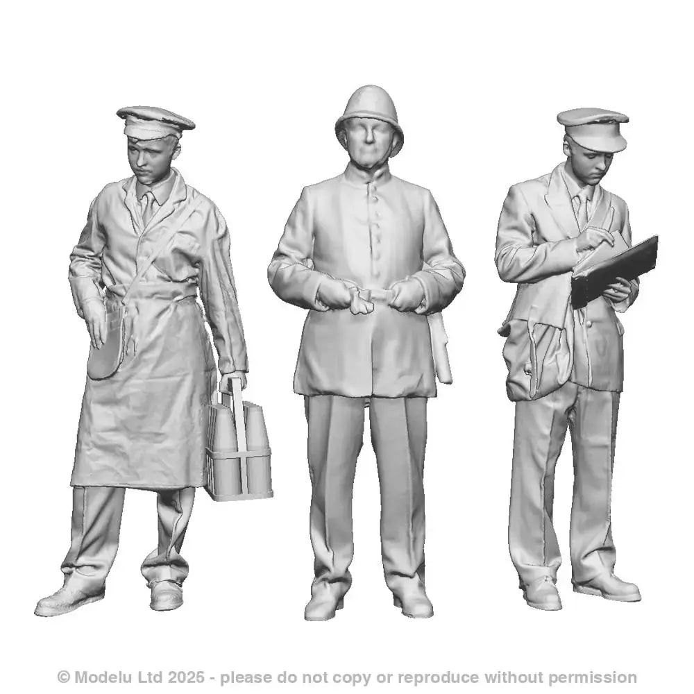 A figure pack containing a milkman, a policeman at ease and a postman