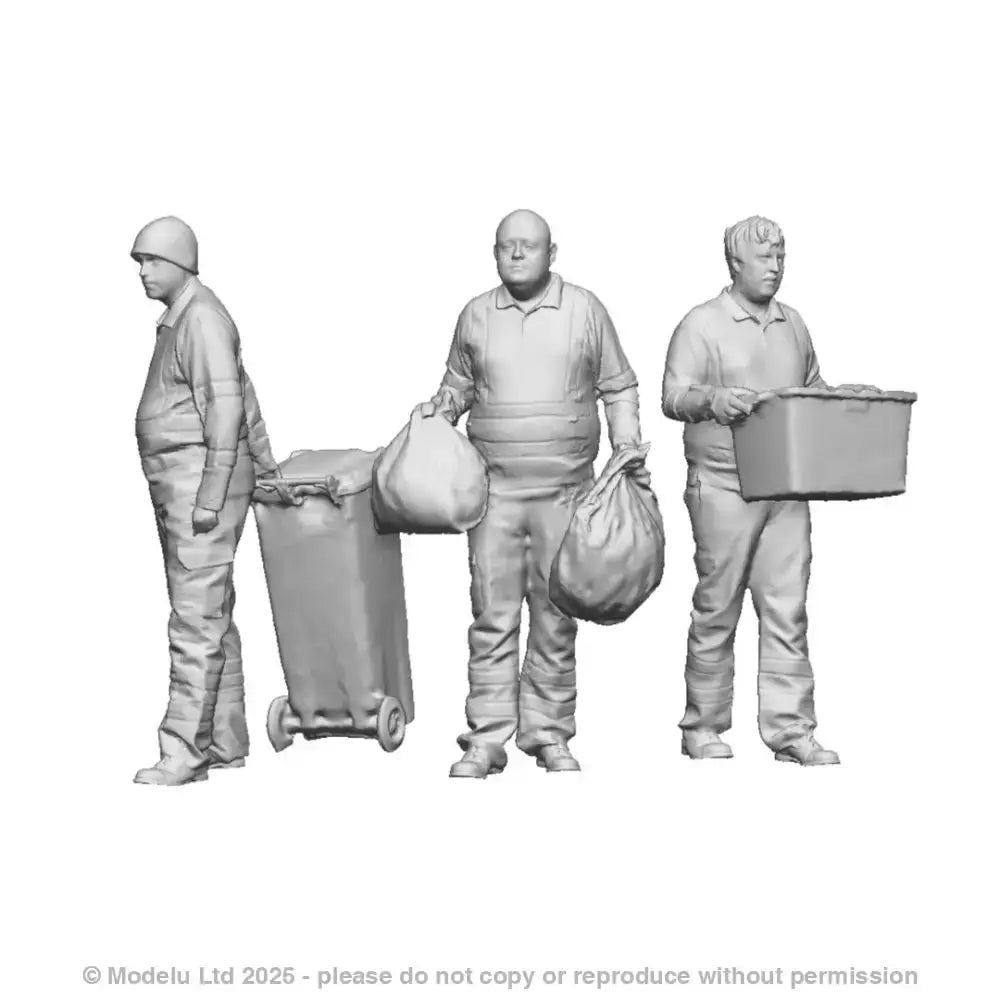 A set of 3 binmen with rubbish bags, a wheelie bin and recycling bins